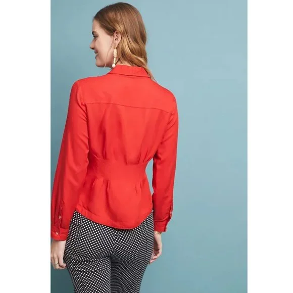 Anthropologie Maeve Linen Delia Tailored Blouse Pleated Button Down Blazer Shirt - Picture 2 of 8